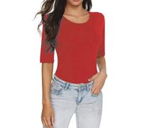 Camiseta de mujer con cuello en U, elegante, manga corta, acanalada, básica, ajustada, elástica, informal, de verano, informal, transpirable, de cintura corta, con cinching, camiseta, Rd3, XL