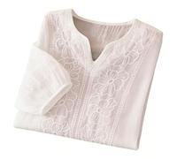 Camiseta de mujer con cuello en V - Camisa de mujer de algodón y lino camiseta algodón lino suave Blusa con bordados estilo Bohemia Blusas de moda clásico Summer Tops de diseño adelgaza la figura