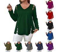 Camiseta de mujer con cuello en V, camiseta para mujer, talla grande, camiseta de manga larga, camiseta calada superior original 2025 nueva ropa color sólido Loungewear Mi temporada T-Shirt XXXXXL