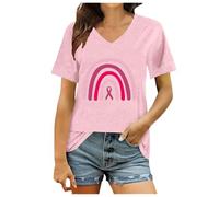 Camiseta de mujer con cuello en V Cáncer de mama Ilustración Corazón Estampado Cómodo Transpirable Suave Casual Mujeres Top, Rosa., XL