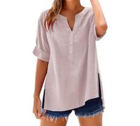 Camiseta de mujer con cuello en V de gran tamaño, camisa de mujer elegante y elegante, transpirable, manga corta con botones Blusa de algodón y lino, color sólido Básico Blusas casuales, rosa, S