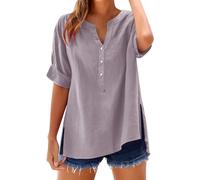 Camiseta de mujer con cuello en V de gran tamaño, camisa de mujer elegante y elegante, transpirable, manga corta con botones Blusa de algodón y lino, color sólido Básico Blusas casuales, transparente