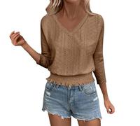 Camiseta de mujer con cuello en V de gran tamaño, camiseta para mujer chic y elegante, camiseta de resille superior transpirable Top manga 3/4 ropa al aire libre Loungewear ligero camiseta versátil