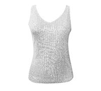 Camiseta de mujer con cuello en V de lentejuelas, con parte delantera brillante y forro interior suave, pieza glamurosa para fiesta de Nochevieja y visita al club, Estilo/plata o05, XXL