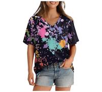Camiseta de mujer con cuello en V manga corta, camiseta suelta casual Será popular en 2024 Tops de mujer Verano suelto, Negro , XXL