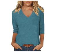 Camiseta de mujer con cuello en V para verano, a la moda, cómoda, informal, manga de siete cuartos, azul, M