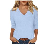 Camiseta de mujer con cuello en V para verano, a la moda, cómoda, informal, manga de siete cuartos, azul celeste, M