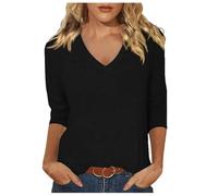 Camiseta de mujer con cuello en V para verano, a la moda, cómoda, informal, manga de siete cuartos, Negro , M