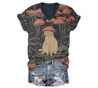 Camiseta de Mujer con Cuello en V y Manga Corta con Estampado de Gato Negro al Estilo Ukiyo-e japonés Camiseta Informal de Verano