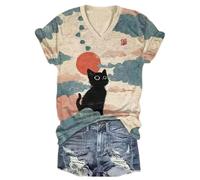 Camiseta de Mujer con Cuello en V y Manga Corta con Estampado de Gato Negro al Estilo Ukiyo-e japonés Camiseta Informal de Verano