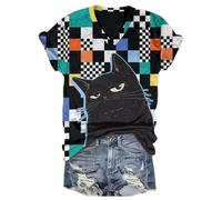 Camiseta de Mujer con Cuello en V y Manga Corta con Estampado de Gato Negro al Estilo Ukiyo-e japonés Camiseta Informal de Verano