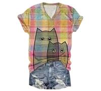 Camiseta de Mujer con Cuello en V y Manga Corta con Estampado de Gato Negro al Estilo Ukiyo-e japonés Camiseta Informal de Verano