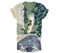 Camiseta de Mujer con Cuello en V y Manga Corta con Estampado de Gato Negro al Estilo Ukiyo-e japonés Camiseta Informal de Verano