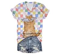 Camiseta de Mujer con Cuello en V y Manga Corta con Estampado de Gato Negro al Estilo Ukiyo-e japonés Camiseta Informal de Verano