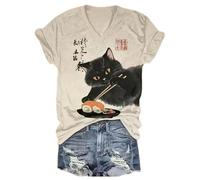 Camiseta de Mujer con Cuello en V y Manga Corta con Estampado de Gato Negro al Estilo Ukiyo-e japonés Camiseta Informal de Verano