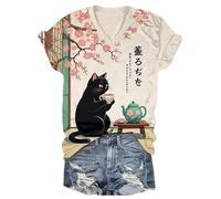 Camiseta de Mujer con Cuello en V y Manga Corta con Estampado de Gato Negro al Estilo Ukiyo-e japonés Camiseta Informal de Verano