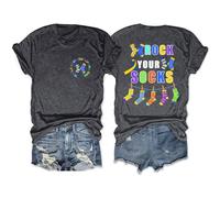 Camiseta de mujer con cuello redondo de texto, corte recto, manga corta delante de la insignia World Down Síndrome Day Back Message Rock Your Socks con calcetines y cinta estilo evento casual, 01-gris