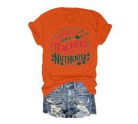 Camiseta de mujer con cuello redondo, informal, holgada, estampado navideño, manga corta, camiseta festiva de vacaciones, pantalones cortos blancos para mujer, naranja, S