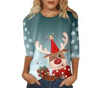 Camiseta de mujer con cuello redondo informal y moderno con tres mangas cuartos, estampado floral y mariposas, verde, L