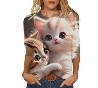 Camiseta de mujer con cuello redondo, manga tres cuartos, San Valentín, amor, mariposa, gato, blusa de seda negra, gris, M