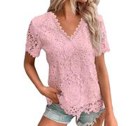 Camiseta de mujer con detalle de encaje - Camiseta de moda con cuello en V | Camiseta informal de manga corta para playa, ocio, uso diario, oficina, Style#i04 Rosa, 3XL