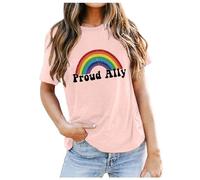 Camiseta de mujer con diseño de arco iris, mezcla de algodón suave, cuello redondo informal, camiseta de verano con ajuste relajado sin espalda, Rosa claro., XL