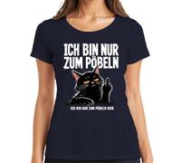 Camiseta de mujer con diseño de gato negro con texto "Ich Bin nur zum Pöbeln hier, azul marino, XXL