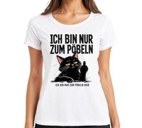 Camiseta de mujer con diseño de gato negro con texto "Ich Bin nur zum Pöbeln hier, Blanco, 3XL