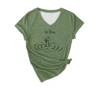 Camiseta de mujer con diseño de ondas, con cuello en V y eslogan, informal urbano para el tiempo libre, Style_w01 Verde, XS