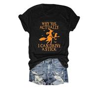 Camiseta de mujer con divertido mensaje de bruja - Camiseta de manga corta para Halloween | Camiseta de algodón con diseño de "Why Yes, Actually I Can Drive A Stick", Style_k01 Negro, XL