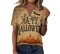 Camiseta De Mujer con En V Manga Corta Y Botones Fantasmas Halloween