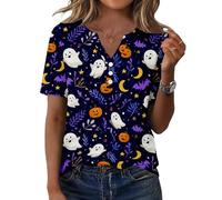 Camiseta De Mujer con En V Manga Corta Y Botones Fantasmas Halloween