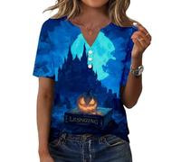 Camiseta De Mujer con En V Manga Corta Y Botones Fantasmas Halloween