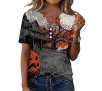 Camiseta De Mujer con En V Manga Corta Y Botones Fantasmas Halloween