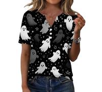 Camiseta De Mujer con En V Manga Corta Y Botones Fantasmas Halloween