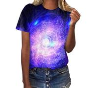 Camiseta de mujer con estampado de cielo estrellado galaxia, cuello redondo, suelta, manga corta, 2 piezas, elegante, morado, S