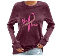 Camiseta de mujer con estampado de cuello redondo y manga larga, informal, para mujer, con purpurina, para el mes de prevención del cáncer de mama, Vino, L