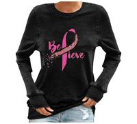 Camiseta de mujer con estampado de cuello redondo y manga larga, informal, para mujer, con purpurina, para el mes de prevención del cáncer de mama, Negro , L