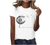 Camiseta de mujer con estampado de diente de león, cuello redondo, informal, manga corta, color verde neón, Blanco, XL