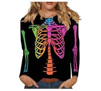 Camiseta de mujer con estampado de esqueleto de Halloween, cuello profundo, manga 3/4, camiseta de satén, naranja, 3XL