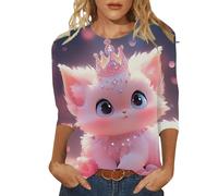 Camiseta de mujer con estampado de gato lindo cuello redondo tres cuartos mangas para San Valentín camisas de diseñador italiano, Rosa., XL