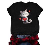 Camiseta de mujer con estampado de gato para algodón suave e informal, gris oscuro, L