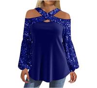 Camiseta de mujer con estampado de retazos de perlas, plisado, dobladillo de cuello en V, azul, XL