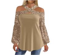 Camiseta de mujer con estampado de retazos de perlas, plisado, dobladillo de cuello en V, caqui, M