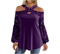 Camiseta de mujer con estampado de retazos de perlas, plisado, dobladillo de cuello en V, morado, XXL