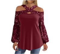 Camiseta de mujer con estampado de retazos de perlas, plisado, dobladillo de cuello en V, rojo, XXL