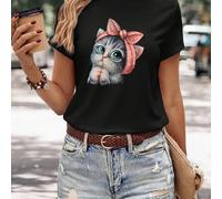 Camiseta de Mujer con Estampado de Tierno - Blusa de Manga Corta y Cuello con Cara de Gato Tímido y , Lavable a Máquina, Outfits Casuales de y Verano para Amantes de (Corte Regular)