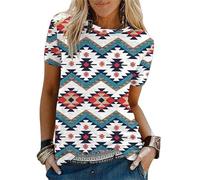 Camiseta de Mujer con Estampado de Tribu del suroeste Estilo Bohemio Cuello Redondo Estampado geométrico Azteca Camiseta de Manga Corta