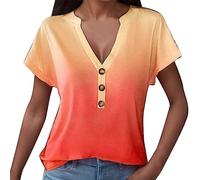 Camiseta de mujer con estampado degradado casual con botones y cuello en V, rojo, S