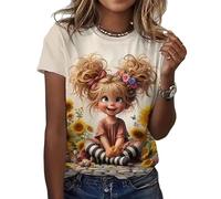 Camiseta de Mujer con Estampado Vintage de Girasoles y niña de Dibujos Animados diseño Floral con muñeca y Mariposas Manga Corta y Cuello Redondo Camiseta Informal de Verano para el día a día